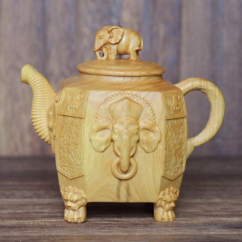 小叶摆黄杨木雕象质头神壶手把件象鼻财神壶设木茶茶ONO宠工艺品