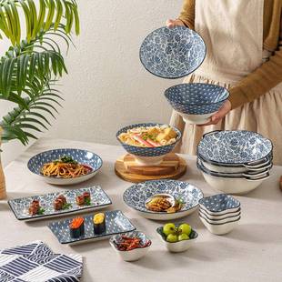 H1582日式 合餐具家用彩陶釉瓷饭碗汤碗花边碗双耳防 下复古组套装