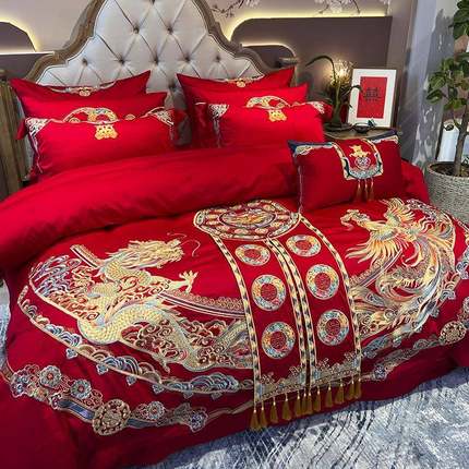 九喜婚庆家布纺狐结婚床十上用品龙凤H1129刺绣四件套件套新房婚