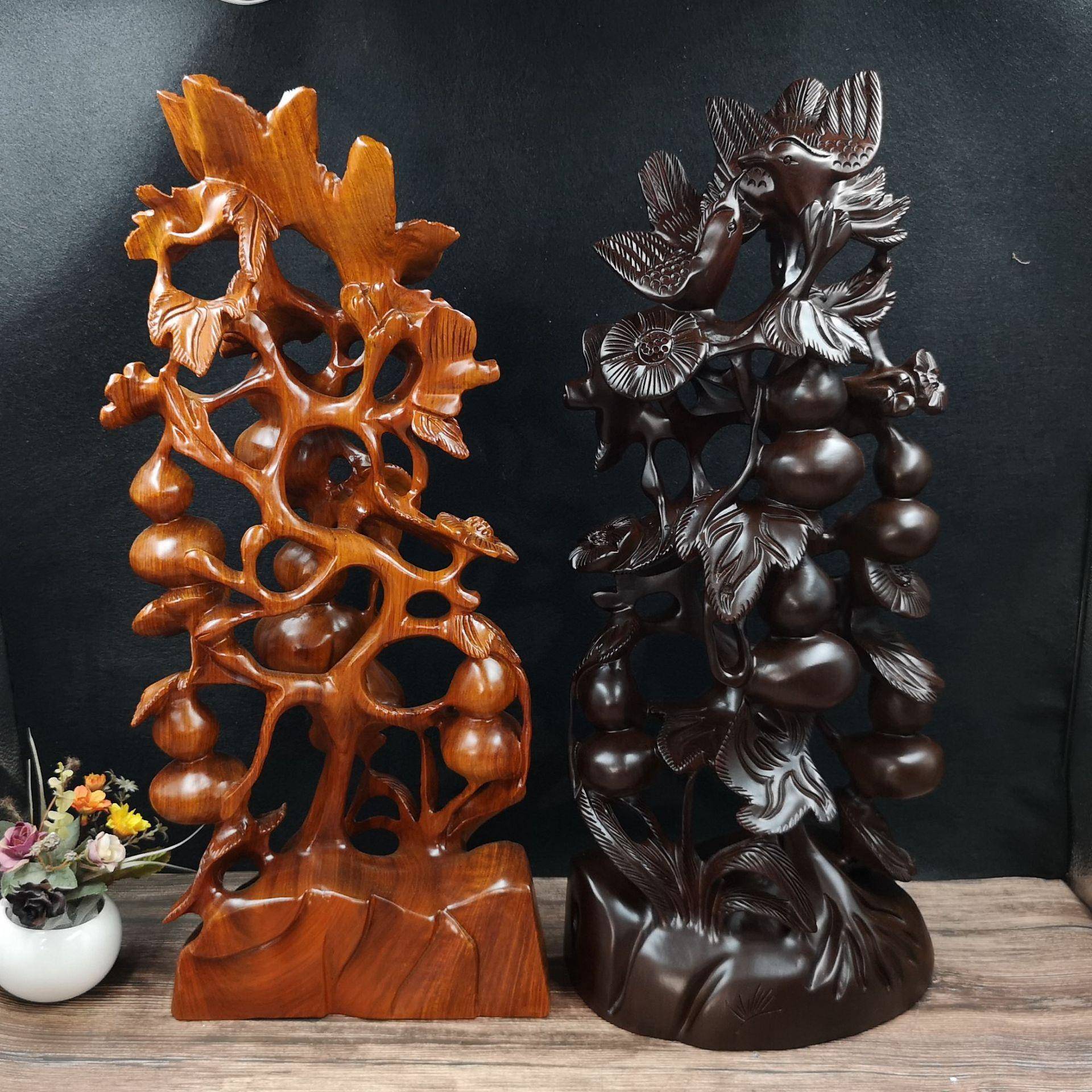 0CM黑木葫芦瓜架多子多6福实WSY檀刻木雕摆件