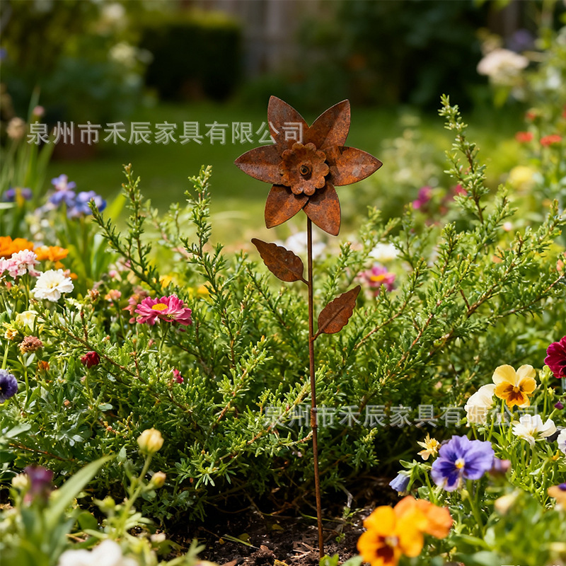 爆品生锈花朵花园装饰地插摆件 热卖花园插件