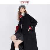 毛呢大衣女翻领修身 ESPRIT 埃斯普利特极简黑色长款 显瘦气质外套