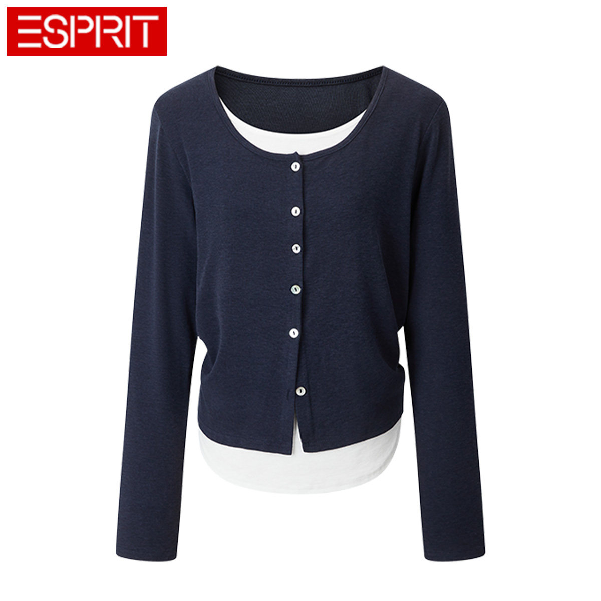 ESPRIT/埃斯普利特撞色假两件长袖针织开衫女修身显瘦上衣