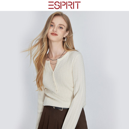 ESPRIT/埃斯普利特翻领纽扣长袖针织衫女米白色开衫外搭通勤上衣