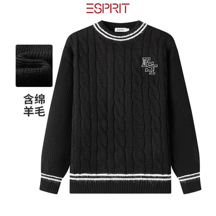 ESPRIT/埃斯普利特ESPRIT男士黑色麻花纹圆领毛衣学院羊毛针织衫
