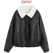 ESPRIT 埃斯普利特黑色皮草一体羊羔毛领皮衣女秋冬高级夹克外套