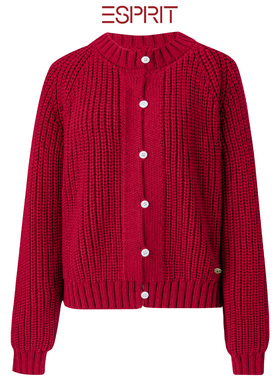 ESPRIT/埃斯普利特红色圆领开衫秋冬圣诞新年针织宽松女保暖毛衣