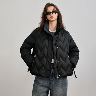 ESPRIT/埃斯普利特黑色立领短款羽绒服女加厚保暖几何绗线外套