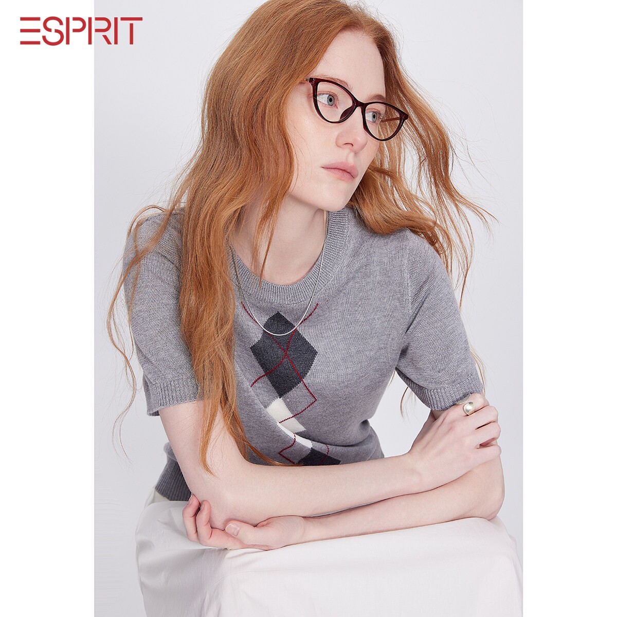 ESPRIT老钱风灰菱格针织短袖女