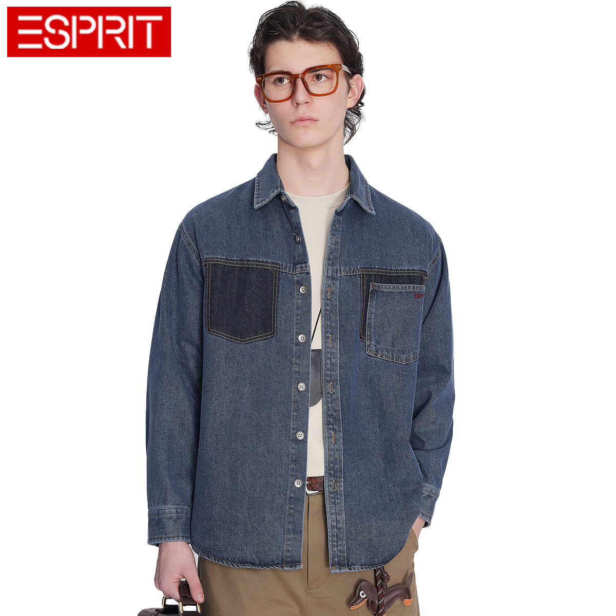ESPRIT/埃斯普利特美式复古牛仔衬衫男长袖工装风宽松拼接外套