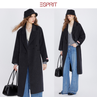 ESPRIT/埃斯普利特黑色长款毛呢外套双排扣翻领气质外套冬季大衣