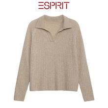ESPRIT/埃斯普利特V领100%纯山羊绒衫女长袖针织衫老钱风女士毛衣