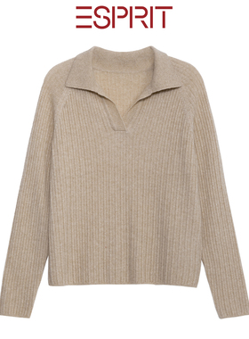 ESPRIT/埃斯普利特V领100%纯山羊绒衫女长袖针织衫老钱风女士毛衣