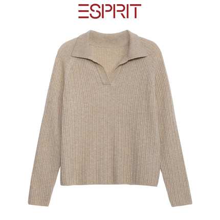 ESPRIT/埃斯普利特V领100%纯山羊绒衫女长袖针织衫老钱风女士毛衣