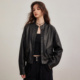 ESPRIT 埃斯普利特复古风黑色短款 皮衣女立领机车夹克宽松外套