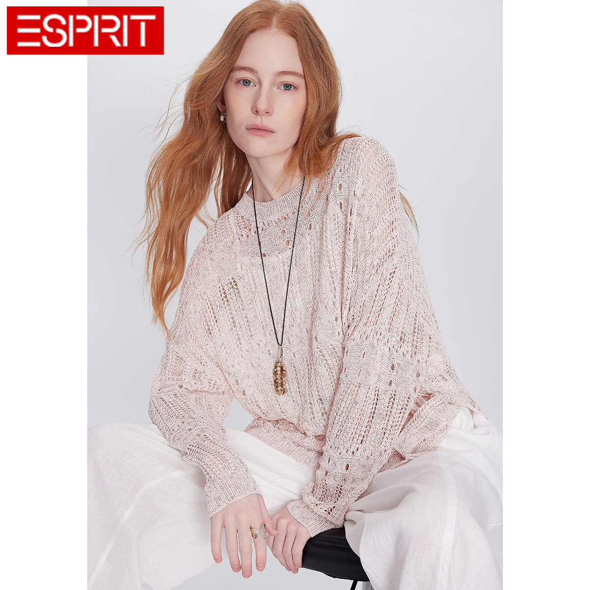 ESPRIT/埃斯普利特慵懒镂空针织衫女长袖宽松套头罩衫透视薄毛衣