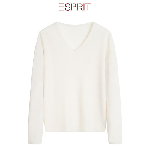 ESPRIT纯绵羊毛绒衫V领长袖