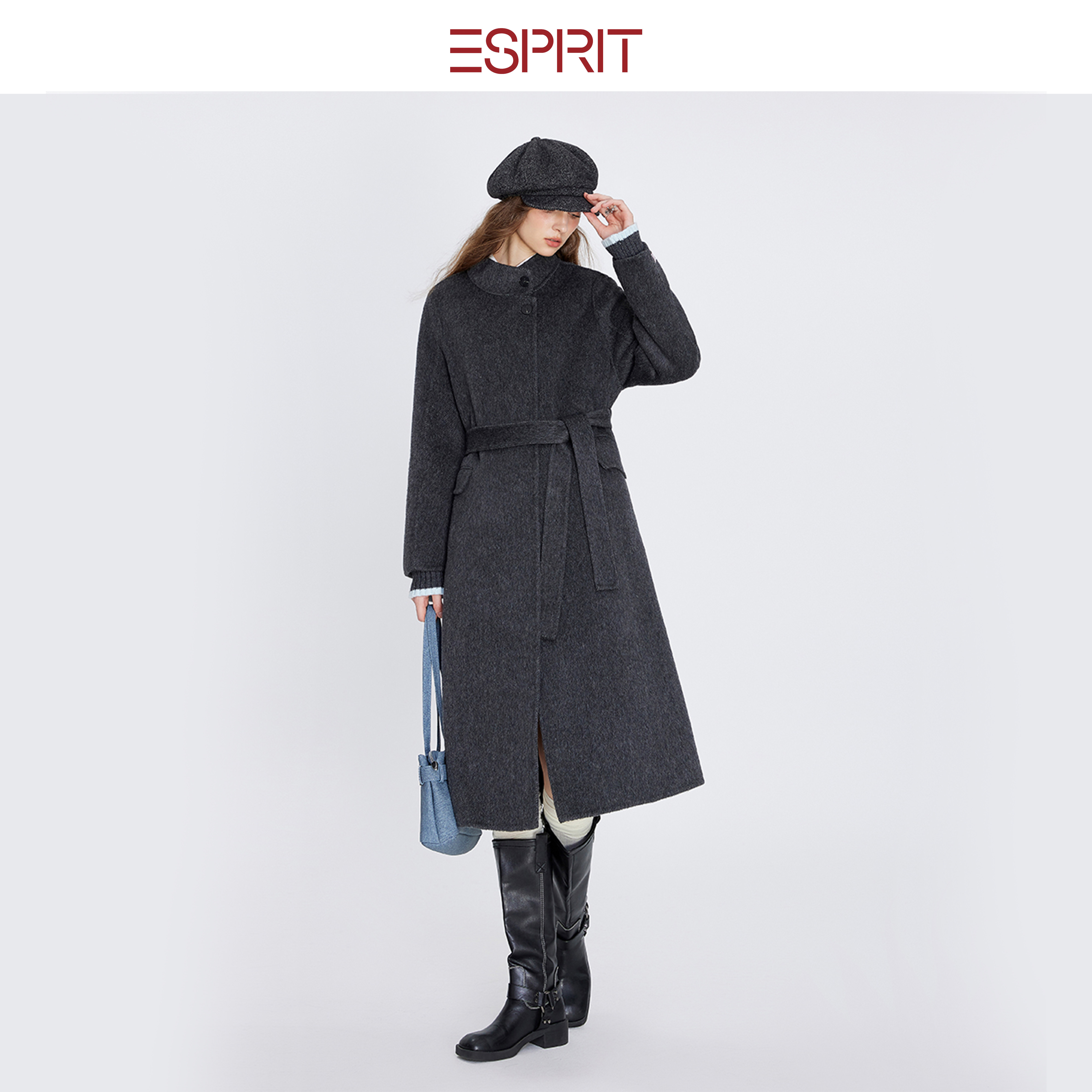 ESPRIT学院风立领收腰毛呢大衣