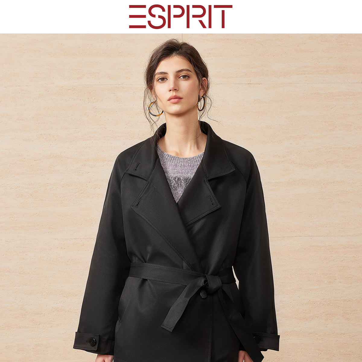 ESPRIT黑色翻领系带收腰风衣
