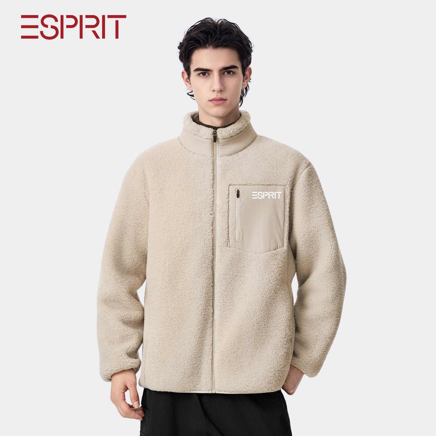 ESPRIT摇粒绒外套男冬季加绒加厚保暖立领夹克通勤风抓绒衣上衣Y