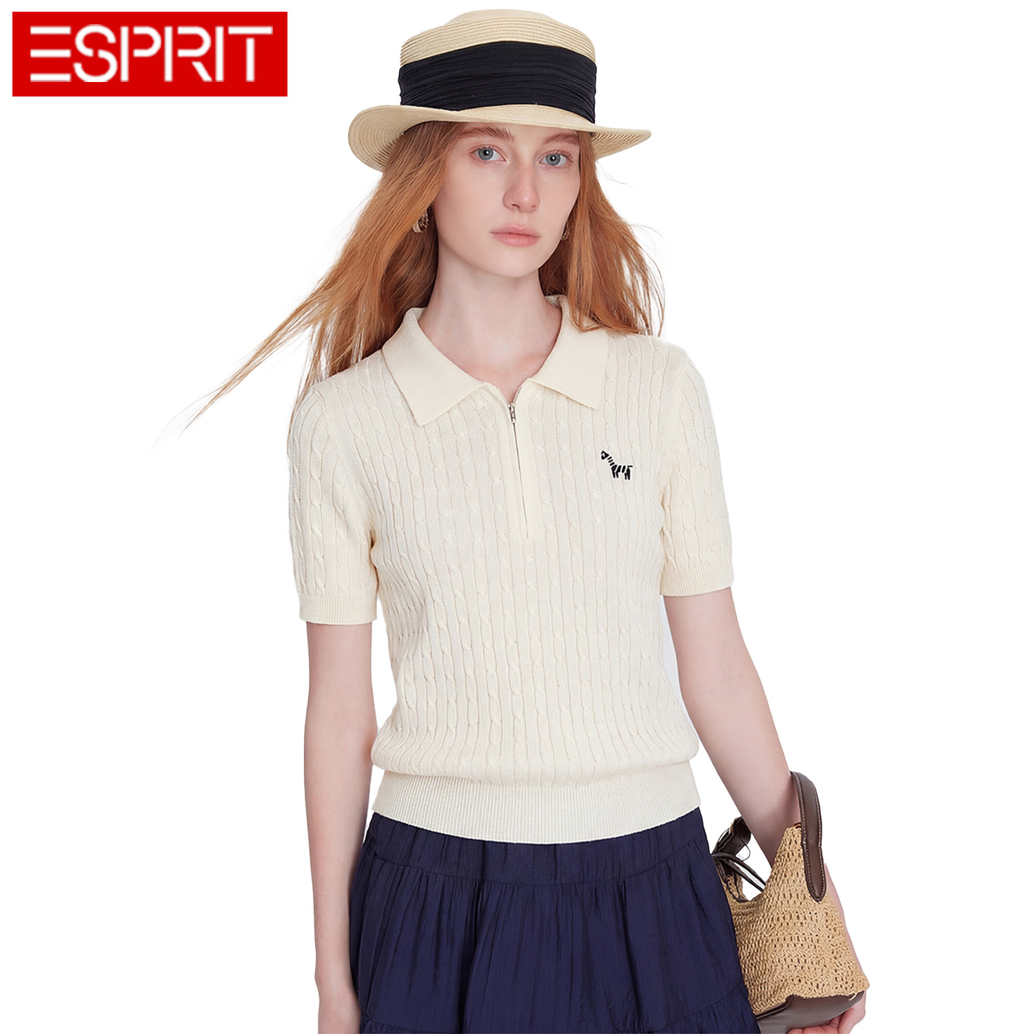 ESPRIT/埃斯普利特学院风POLO领短袖针织衫女修身百搭上衣