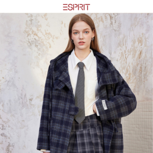 ESPRIT/埃斯普利特学院风格纹毛呢外套女秋冬中长款羊毛大衣