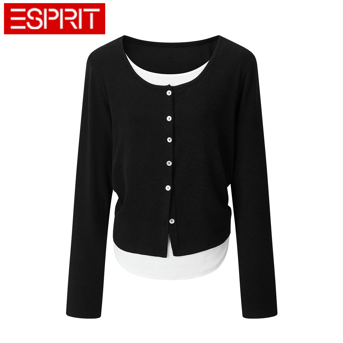 ESPRIT/埃斯普利特ESPRIT撞色假两件长袖针织开衫女修身显瘦上衣