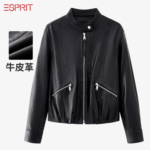 ESPRIT黑色立领皮夹克女外套潮