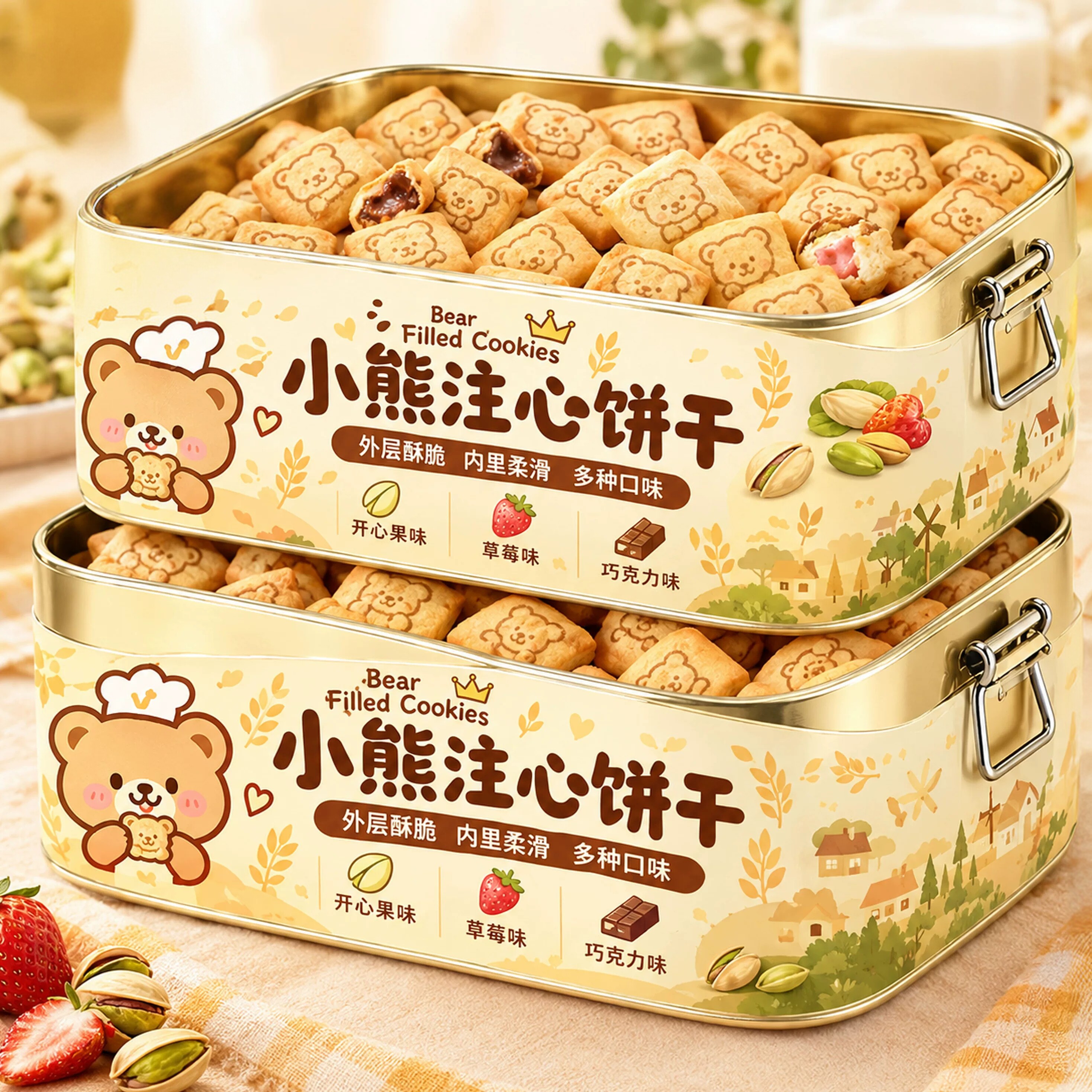 小熊注心饼干儿童零食官方旗舰店正品独立包装爆浆巧克力整箱批发