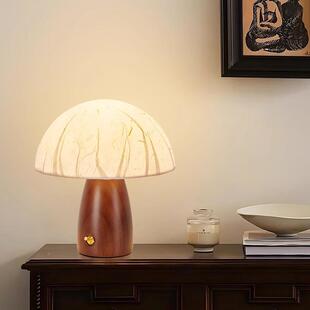 汇园头台灯实木蘑菇灯床具卧室书式房可PXB爱日氛围灯感小夜E