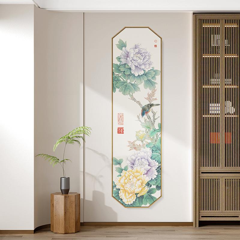 国色天牡丹新风中式玄关竖款道装饰画客厅走廊过背景香画国色天香