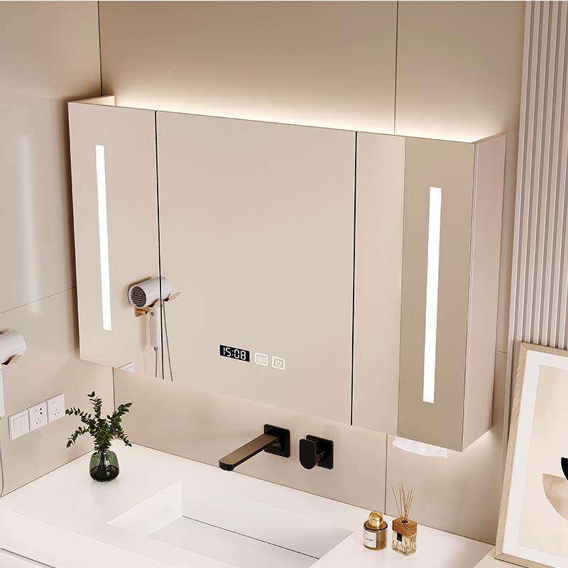 2无品牌/I奶油风实木智能浴室镜柜挂墙式卫生物间浴子镜洗室手间