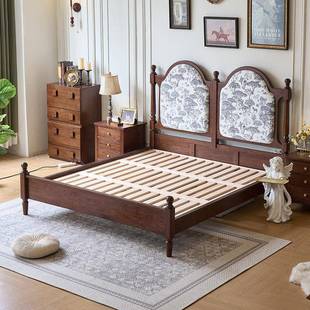 全木床式复古1.85米1.双人床中古风实软包靠背红橡木NTMY-G30床主