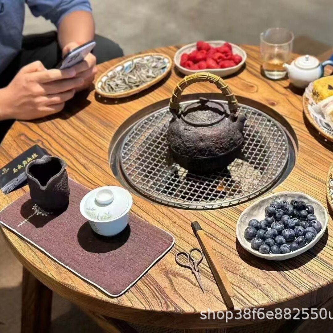 老榆木围炉火锅煮茶桌户外圆形餐桌阳台禅意烧烤冰茶桌炕桌围炉桌
