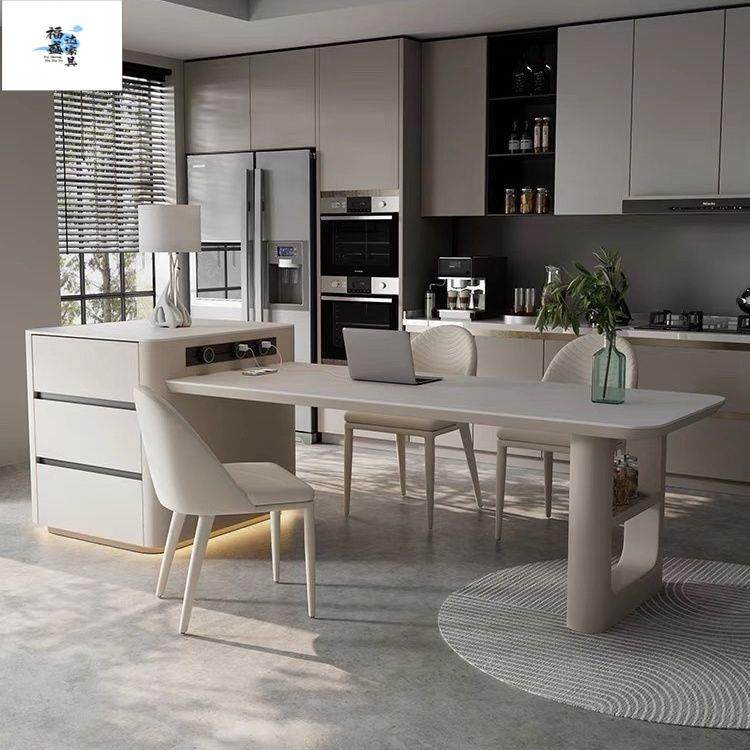 岩板岛茶桌餐桌两台用家一体FJJ可伸缩高端实木奢餐桌椅组合轻饭