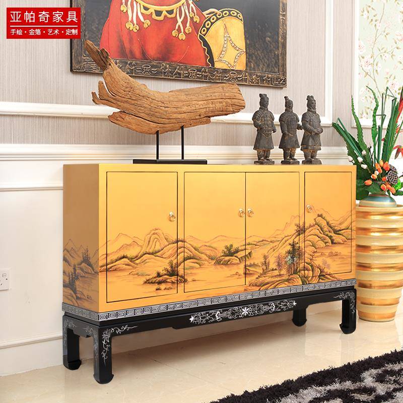 新中式餐边VXJ桌柜一体靠墙茶柜实木彩水绘入户玄关美式客厅柜隔