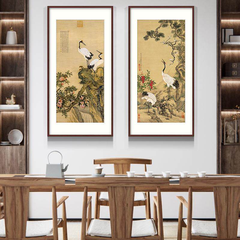 松梅双鹤图中式花鸟画书房客厅挂画玄关餐厅壁画过道装饰画国画