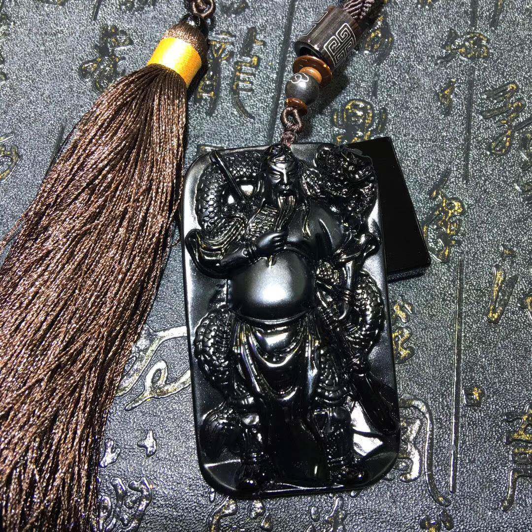 天然磨砂黑曜石降龙关公武财神手把件车挂高档汽车挂饰男