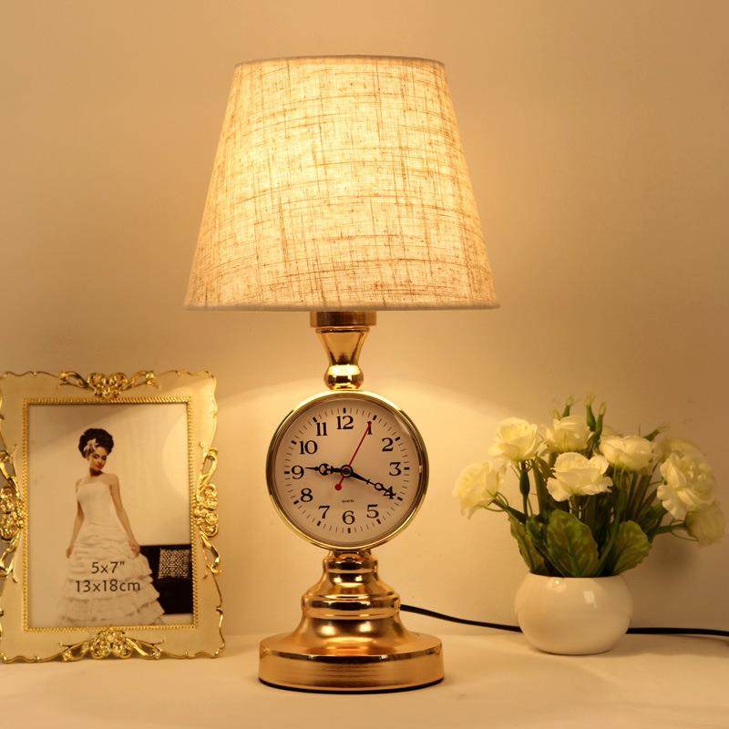 美式复古简约静音钟表台灯床头灯卧室房间床头柜装饰遥控调光灯具