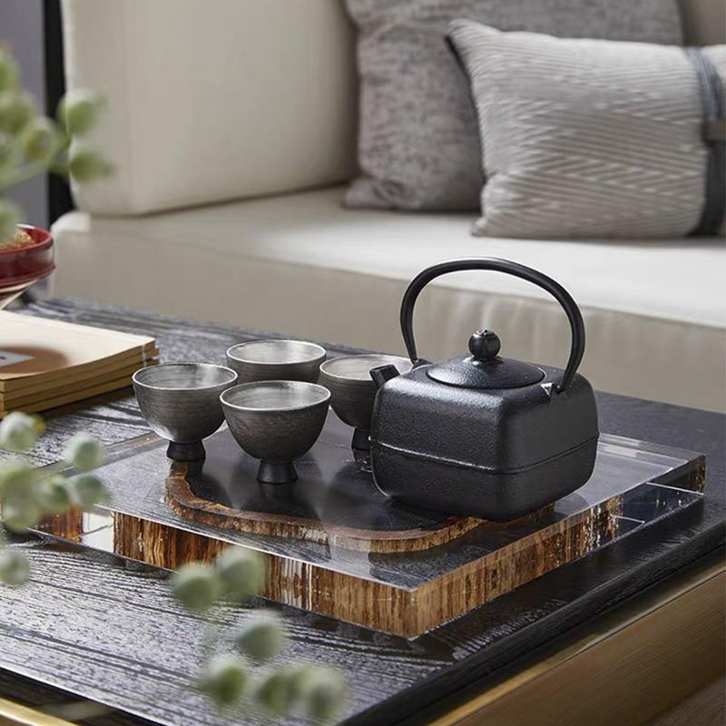 新中式透明亚克力木纹托盘售楼处客厅书桌铂晶茶托家居装饰品摆件