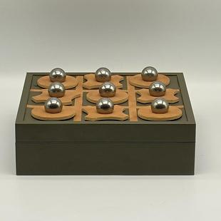 北欧轻奢金属盒子样板间售楼处创意棋盘皮革装 工艺品摆件 饰盒软装