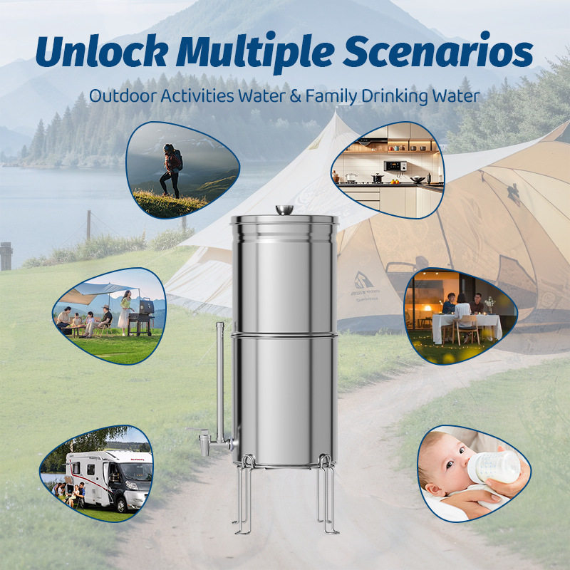 NSF认证户外过滤桶重力过滤系统不锈钢台面过滤桶载银活性炭滤芯