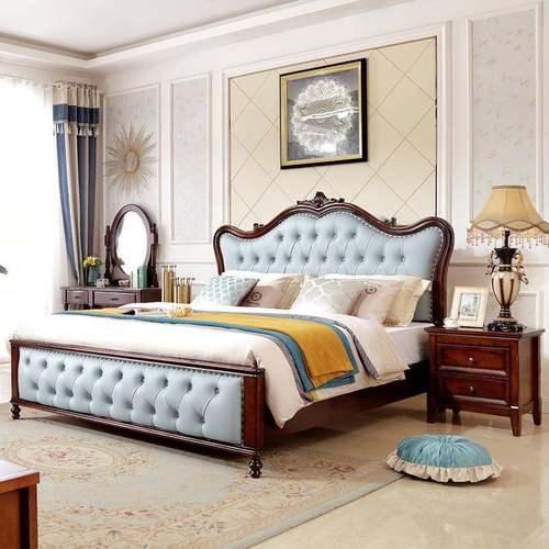 美式实木床1.8米软包雕花主卧双人床现代简约轻奢高箱储物橡木床