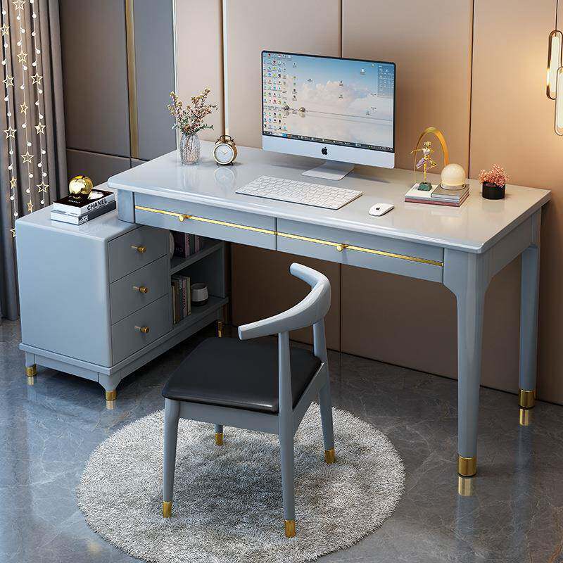 机箱一体台式电脑桌轻奢可伸缩实木书桌简约现代家用转角办公桌