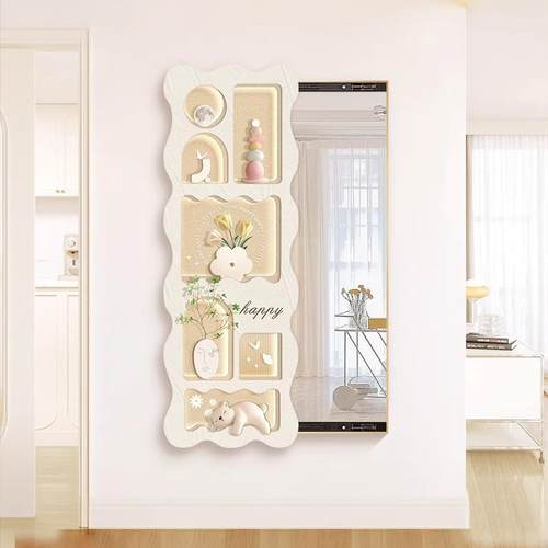 法式奶油风推拉暗藏隐藏式全身镜挂画穿衣镜装饰画玄关带镜子
