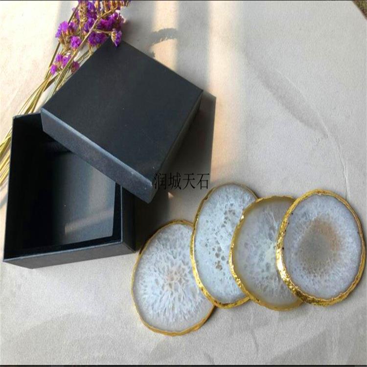 现货天然黑圆形玛瑙片杯垫易清洗金边餐具垫茶杯垫结婚手礼