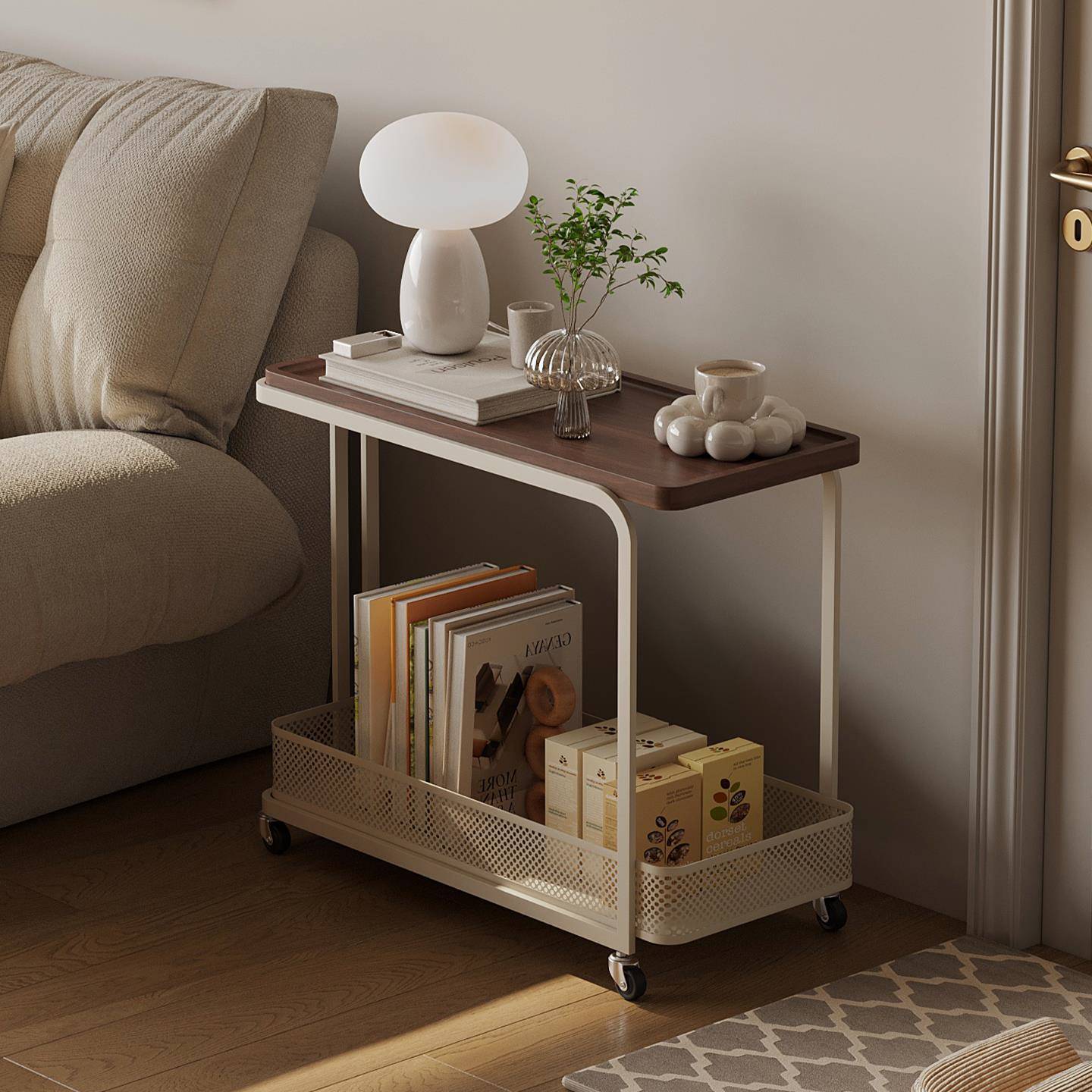 沙发侧边置物小茶几可移动边几中古风客厅家用简约不占地带轮推车