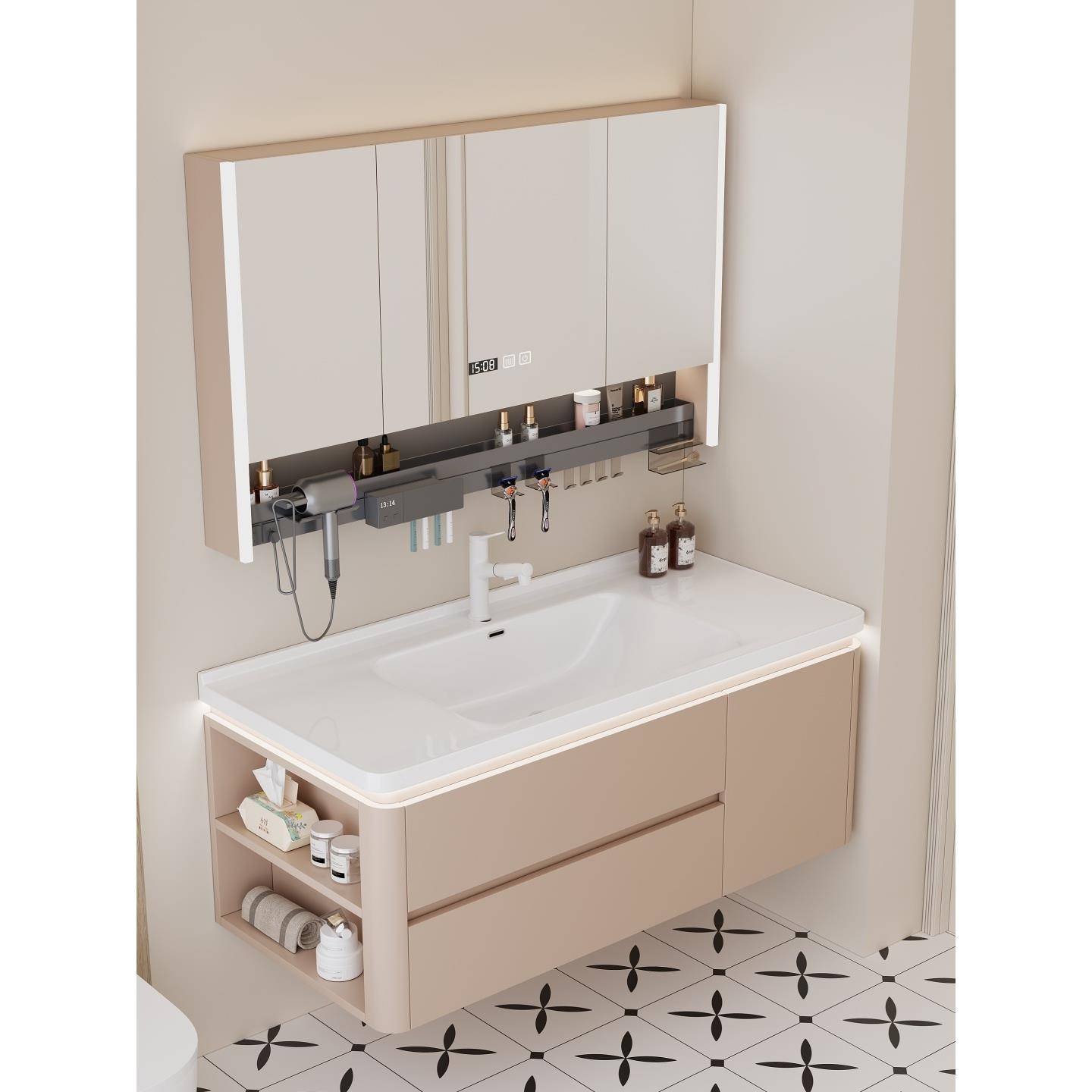 美佳晨轩奶油风浴室柜组合陶瓷一体盆卫生间洗手盆洗脸盆柜洗漱台