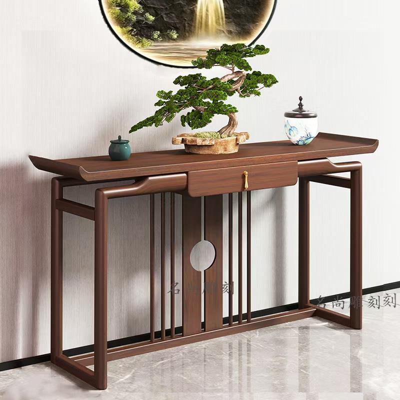 新中式条案玄关台榆木玄关桌靠墙乌金木色条几禅意案台简约端景台