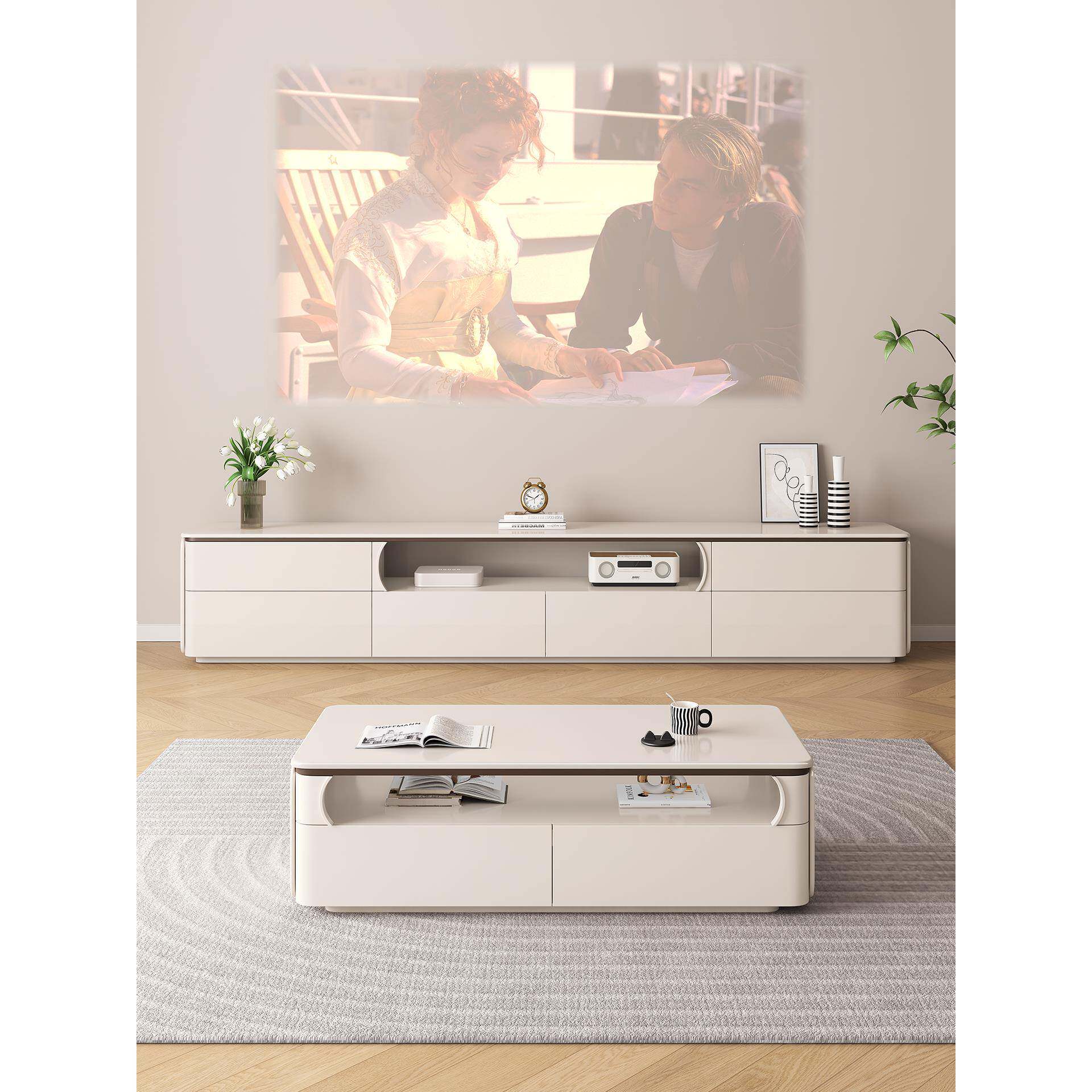 纯实木双层落地电视柜茶几组合现代简约小户型家用客厅高款奶油风